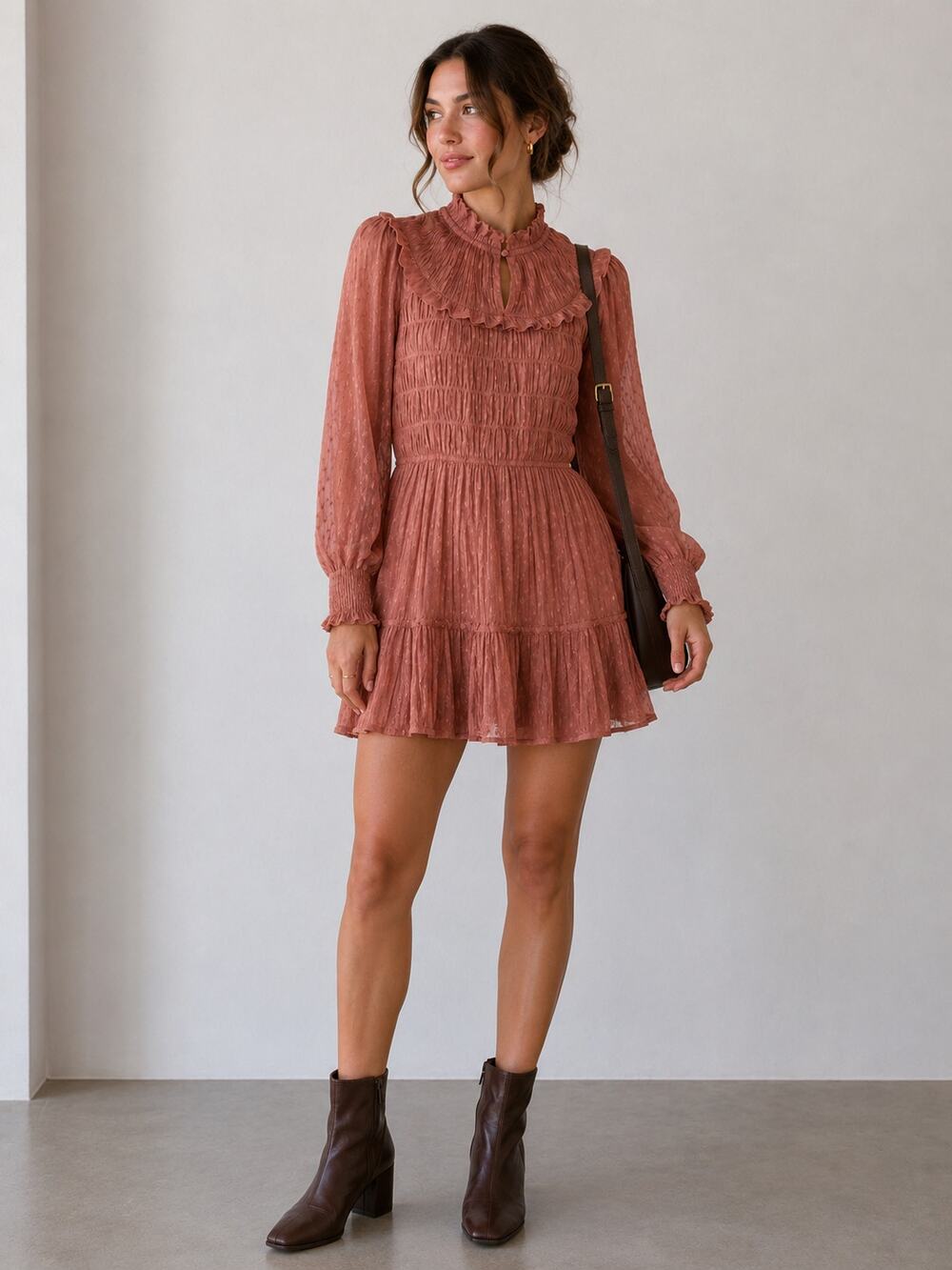 Anthropologie Dahlia Smocked Mini Dress S Mauve Pink Ruffle Boho Cottagecore